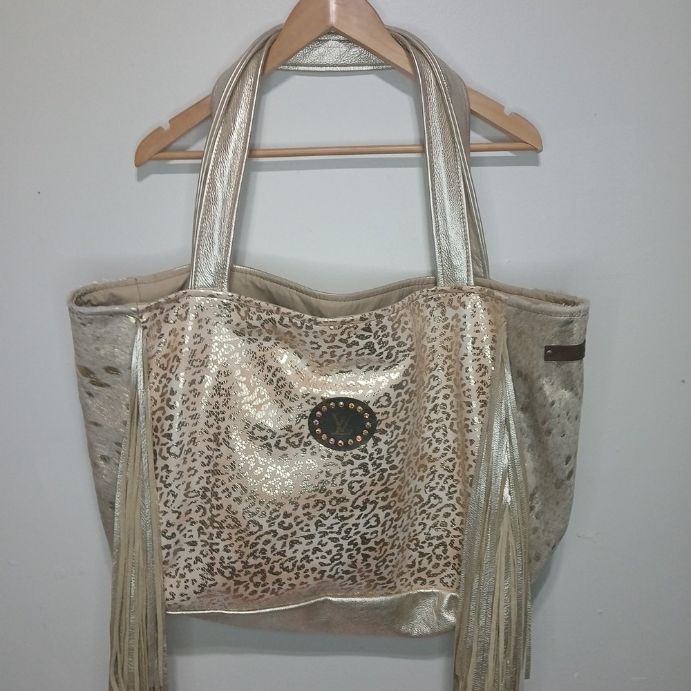 Keep It Gypsy Leopard Print Horse Hair XL  Tote Bag Gold Handles Excellent!